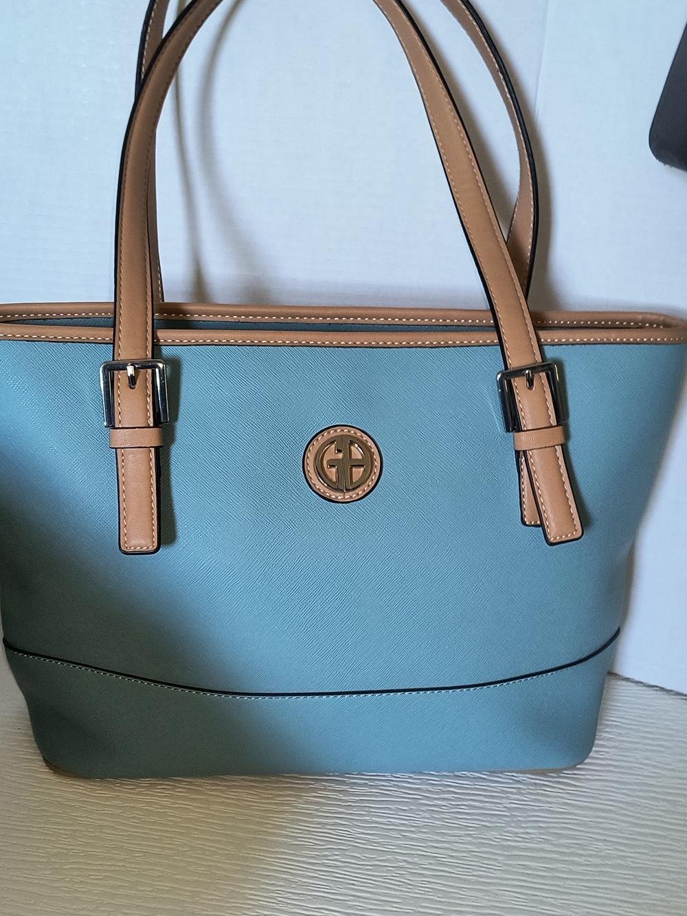 Giani Bernini Teal and Tan Saffiano Tote with Gold Emblem